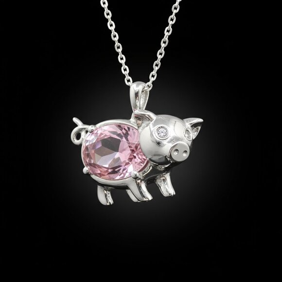 Jewelry - Vintage Sterling Silver 925 and Pink Cubic Zirconia Pig Pendant Necklace
